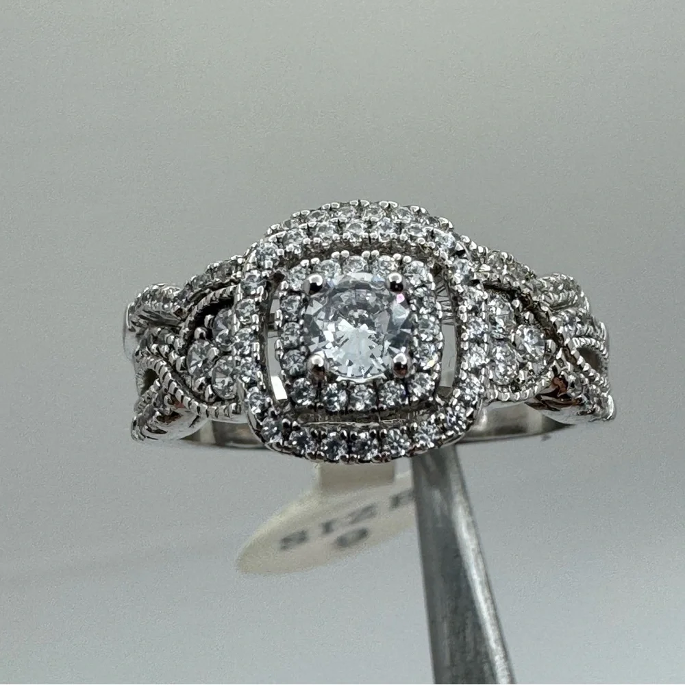 Sterling Silver CZ Double Band Halo Engagement Style Ring Size 9 New